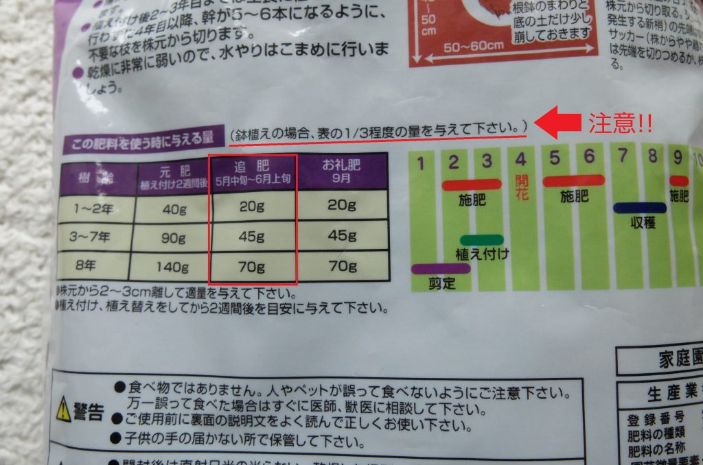 ブルーベリーの肥料（裏面）